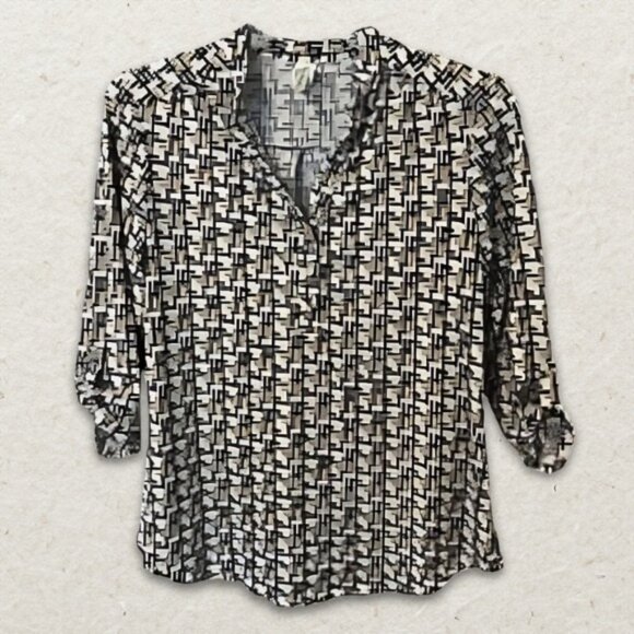 PerSeption Concept Blouse Roll Tab Sleeves Geometric Print Black/White Women's L - Picture 1 of 7